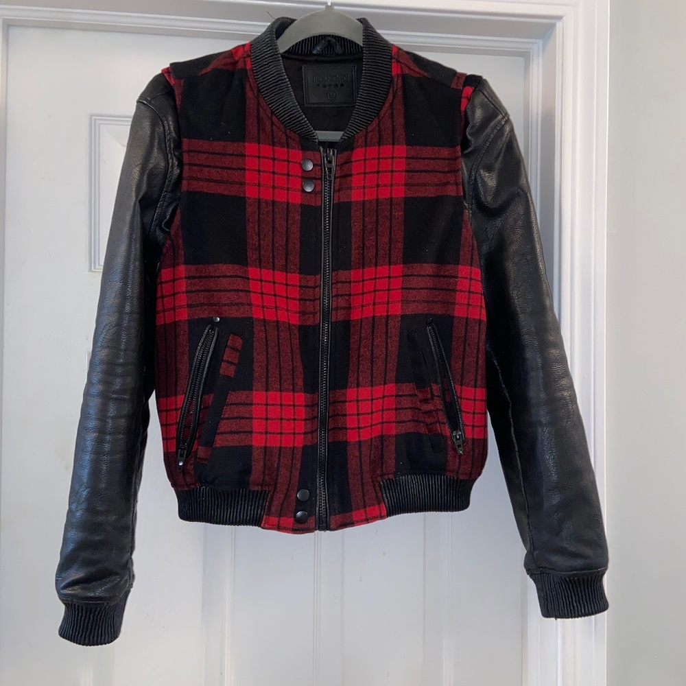 Blank NYC Red and Black Plaid Vegan Leather Jacket